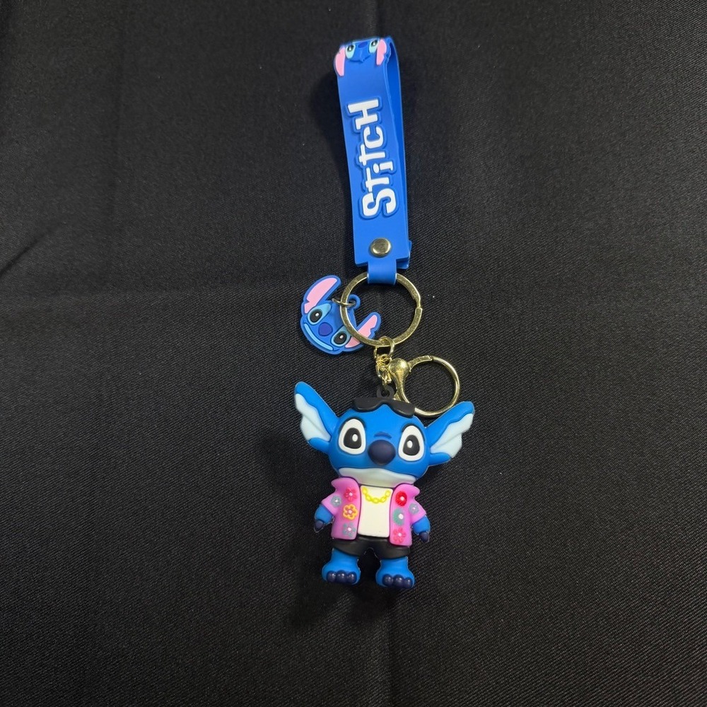 Disney Stitch Keychain Blue Rubber Figure Pink Floral Shirt Charm Lanyard Strap